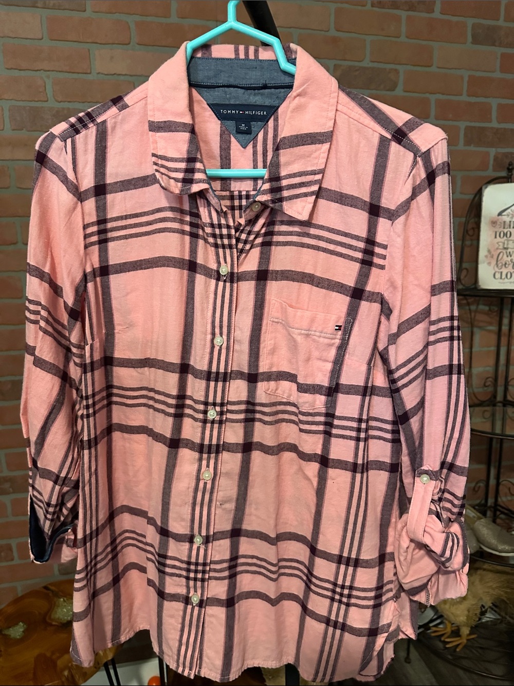 Tommy Hilfiger Pink and Brown Plaid Button-Down Shirt